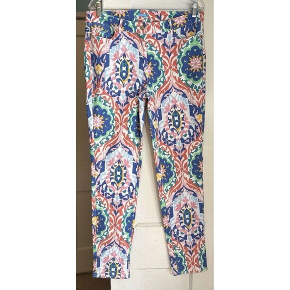 J. McLaughlin Lexi Midi Oahu Pastel Stretch Colorful Ikat Pants Size 12 EUC